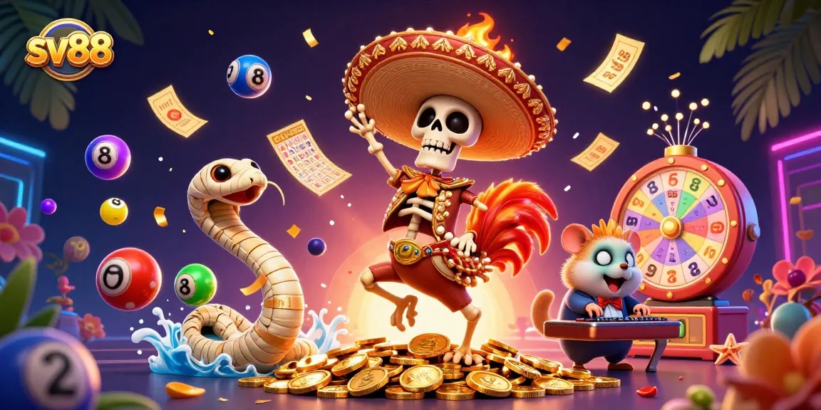 Engage with sv88's vibrant gaming atmosphere, where a marvellous mariachi rooster dances amidst golden coins and lively lottery elements.