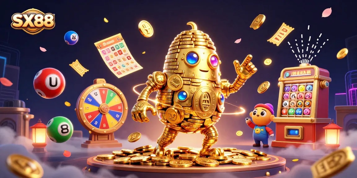 SX88 engaging with colorful lottery balls, enhancing your chances to win at the ultimate online casino.