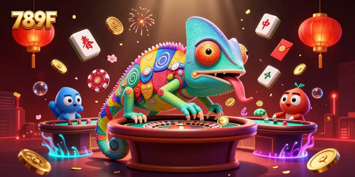 Experience the vibrant 789F casino world with a colorful chameleon owner amid golden coins and dynamic game elements.