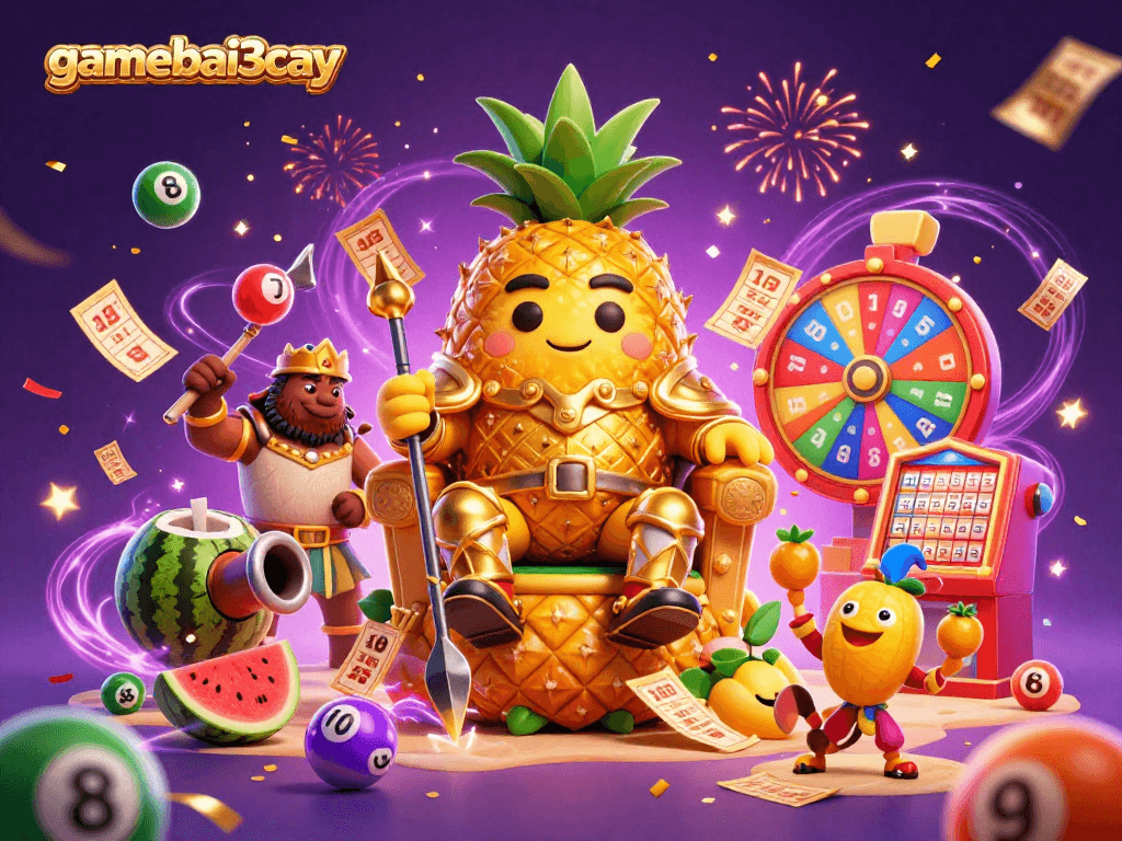 Experience vibrant energy with gamebai3cay in this dynamic casino scene featuring lottery games and lively characters.