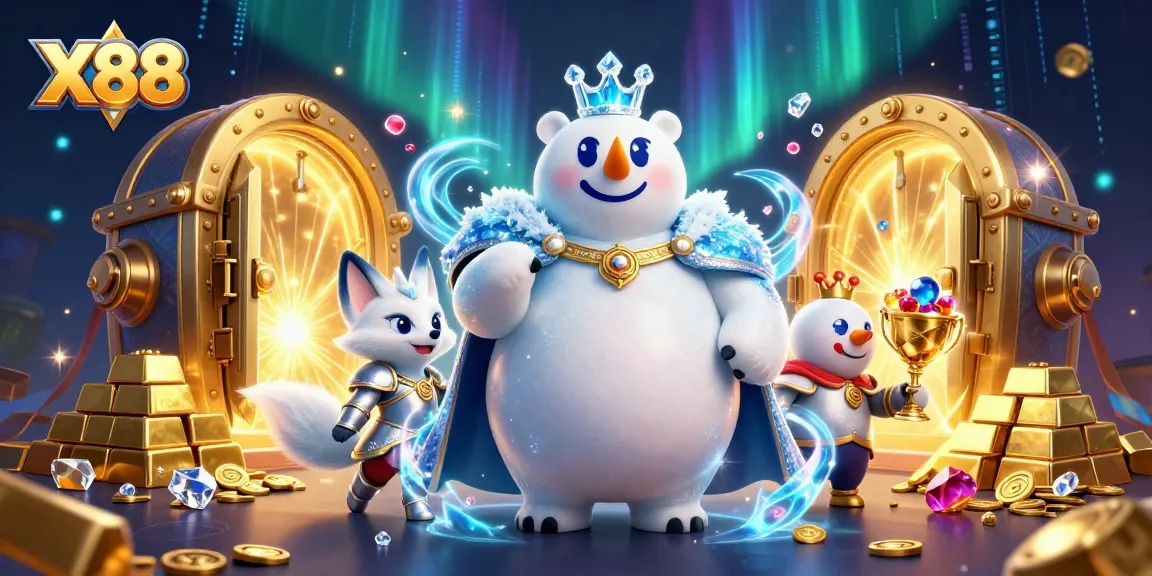 X88 provides thrilling casino adventure with polar king and companion amidst treasures, creating excitement.