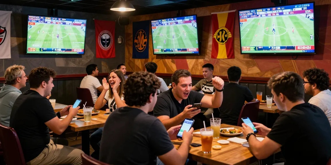BOLA88 sportsbook scene with fans placing bets at lively sports bar