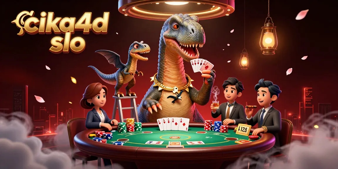 Engage with thrilling gameplay at cika4d slo, featuring a giant brontosaurus and card-dealing raptor in a vibrant poker scene.