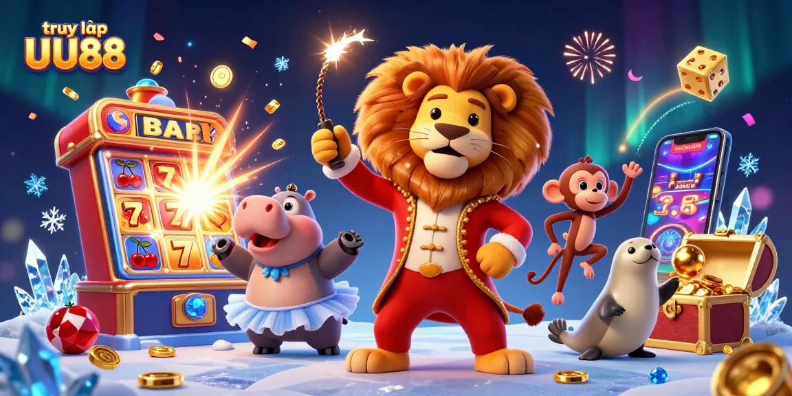 Win big at UU88 with exciting games and vibrant visuals featured in this dynamic 3D illustration.