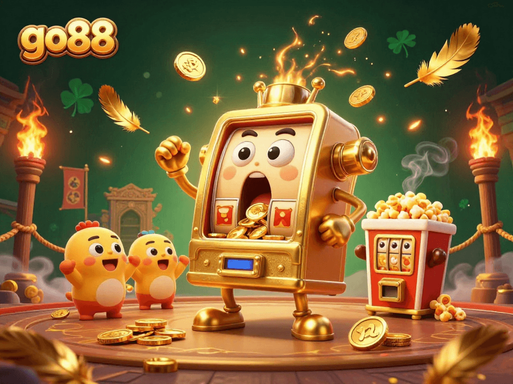 go88 showcases an animated golden slot machine winning its jackpot amidst fun casino elements.