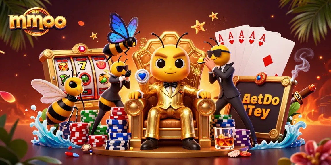 Experience thrilling slots at mmoo with a buzzing bumblebee mob boss commanding a vibrant casino scene.
