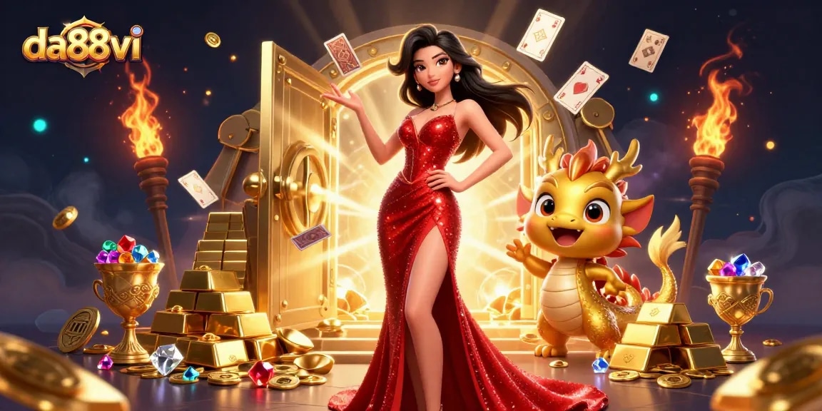 Experience gaming excitement with da88vi's lively 3D casino illustration featuring vibrant characters and dynamic elements.