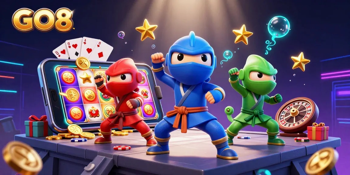 Experience GO8's thrilling adventure with chameleon ninjas amidst vibrant casino elements.