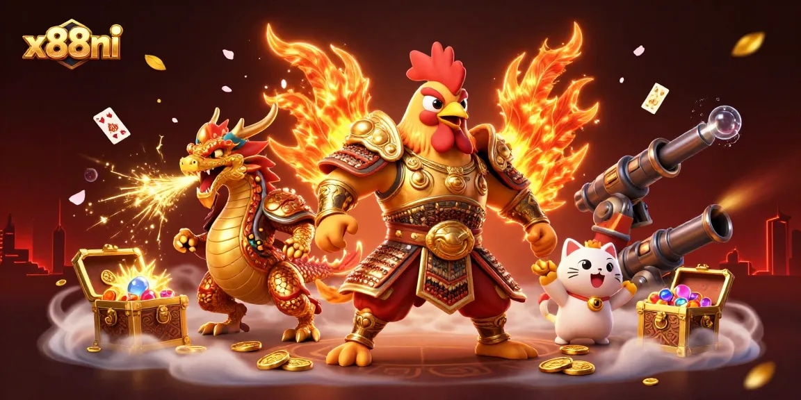 Experience the excitement at x88ni with a dynamic scene of a rooster, dragon, and fortune cat in a vibrant casino.