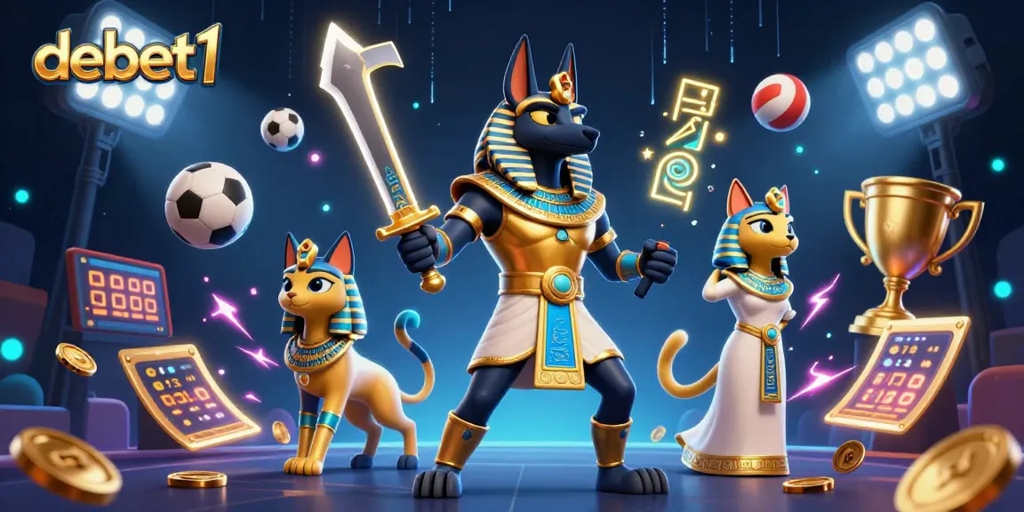 Bet on sports with debet1: a vibrant scene featuring Anubis and Bastet among dynamic sports elements.