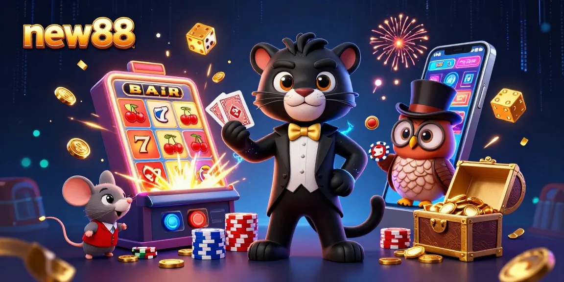 Engaging scene illustrating new88's exciting casino experience with vibrant characters and dynamic game elements.
