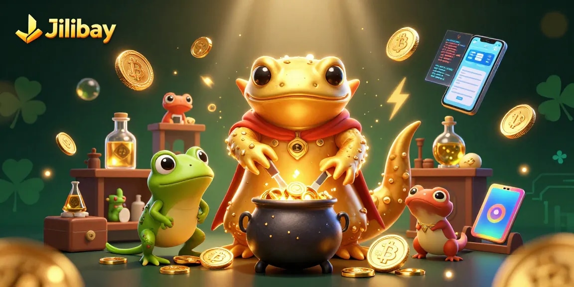 Jilibay enhances your gaming journey with a 3D alchemist, crafting gold amid glimmering crypto elements.