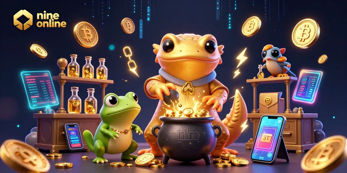 Experience nine online in a dynamic casino scene with alchemists turned gold and vibrant crypto elements.