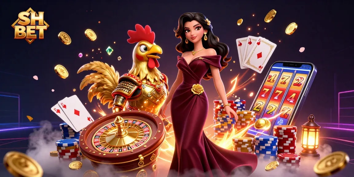 Engage with thrilling casino action at SH BET featuring a glamorous woman and golden rooster warrior.