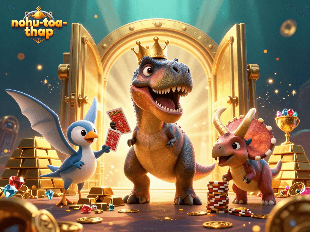 Engage with the exciting world of nohu-toa-thap as dinosaurs enjoy thrilling card games amidst riches.