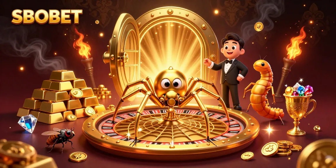 SBOBET brings excitement with a lively 3D casino scene featuring a golden spider and centipede croupier.