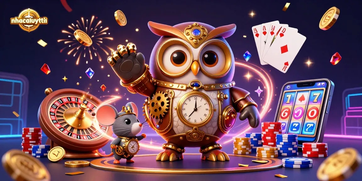 Experience thrilling gameplay with nhacaiuytin's dynamic casino illustration showcasing slot machines and poker.