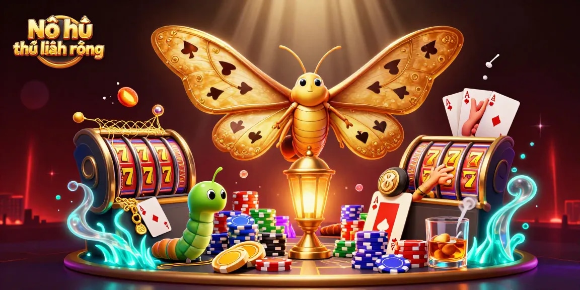 Nổ hũ thủ lĩnh rồng showcases an intricate casino scene with a vivid atlas moth amidst lively slot machine elements.