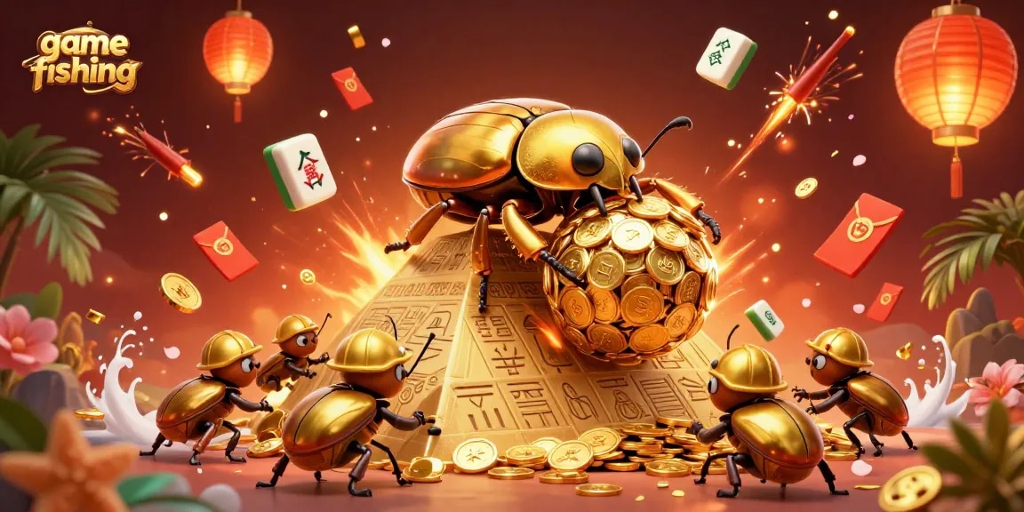 Launch into game fishing excitement with a golden beetle pushing coin-filled treasure!