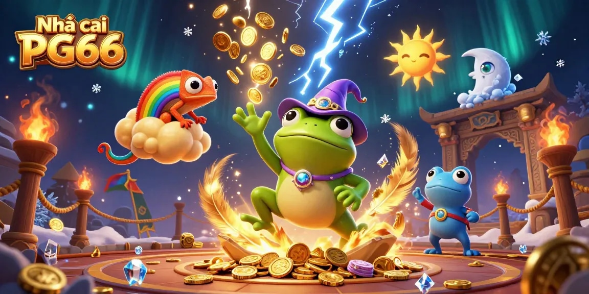 Experience thrilling gaming at Nhà cái PG66 with vibrant characters and dazzling coins.
