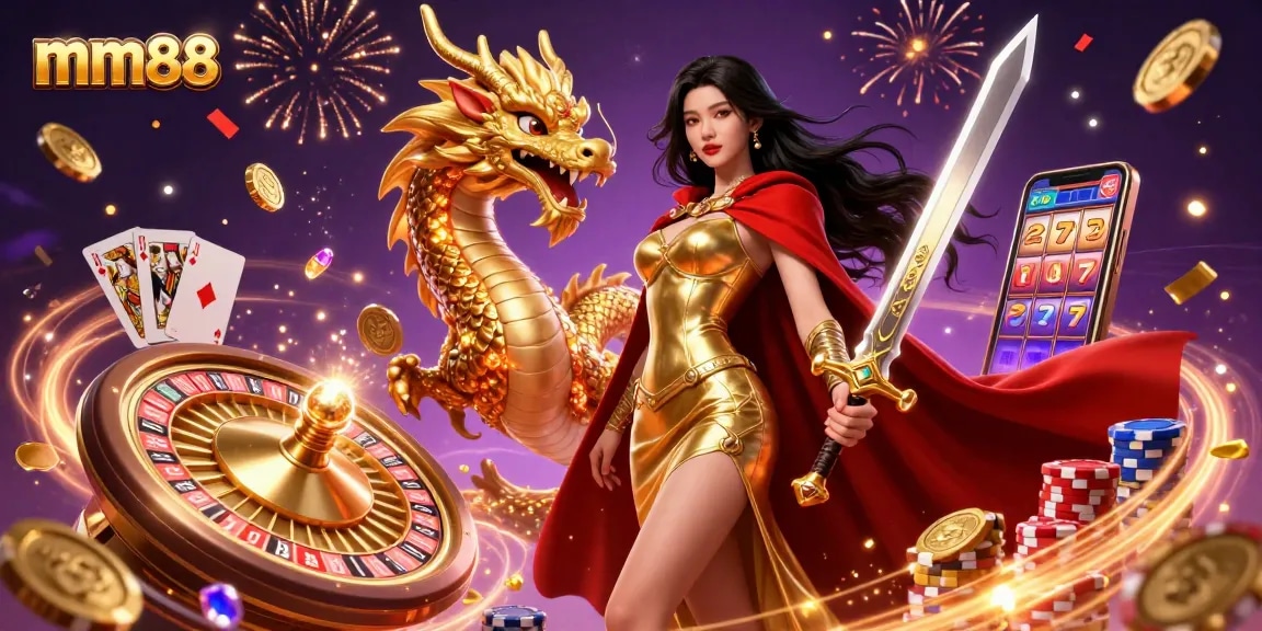 Experience mm88 with a warrior queen and dragon amidst casino games and golden coins in a dynamic illustration.