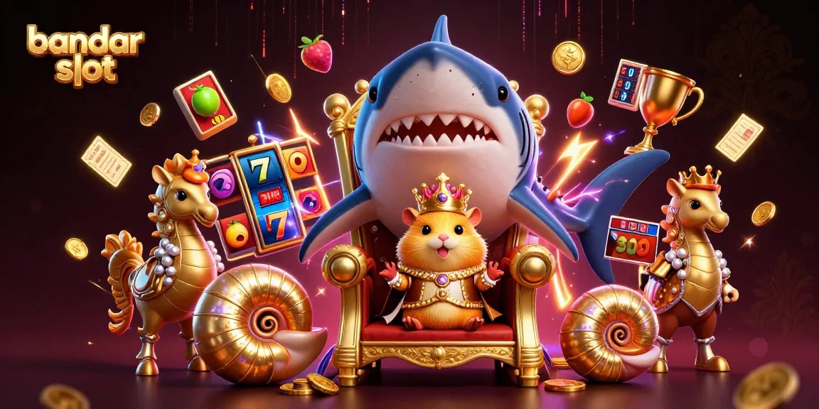 Engage with bandar slot excitement featuring an adventurous golden hamster king amidst vibrant slot game elements.
