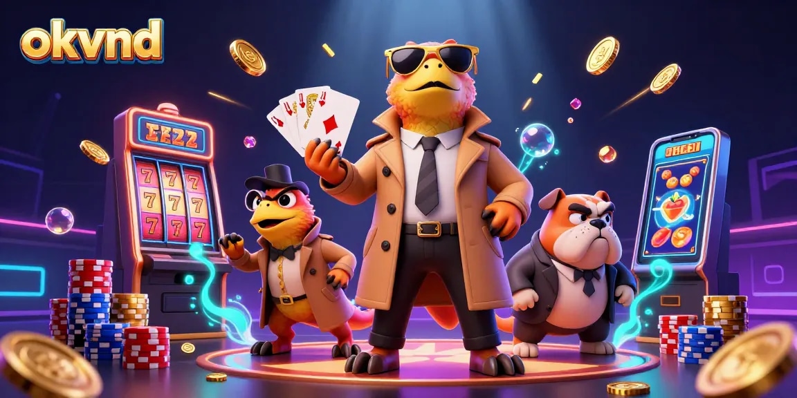 Experience the thrill of okvnd gaming with cartoon raptors in a trench coat at a VIP casino.