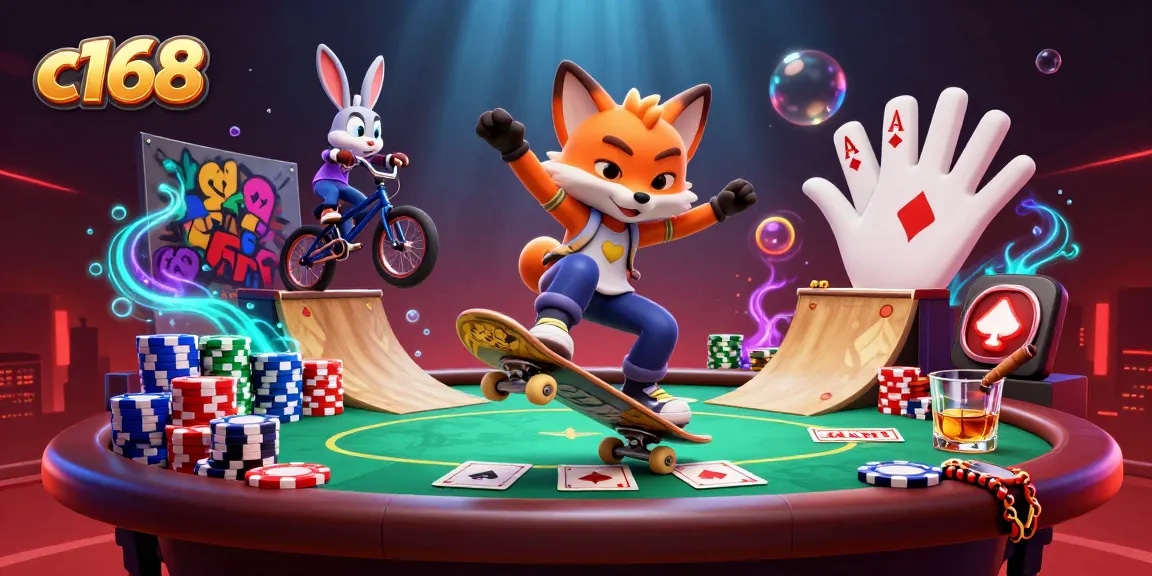 Experience high-energy gaming visuals with c168 as a skateboarder fox and BMX rabbit interact in a vibrant casino.