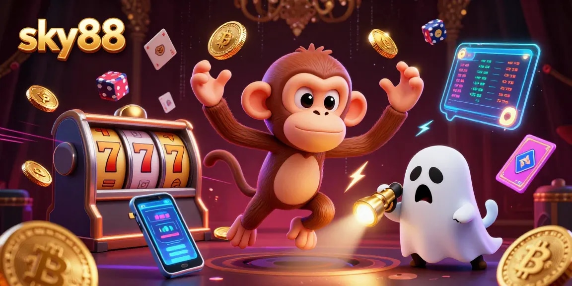 Experience thrilling action at sky88 casino with a mischievous poltergeist monkey and a ghost-hunter puppy amidst animated game elements.