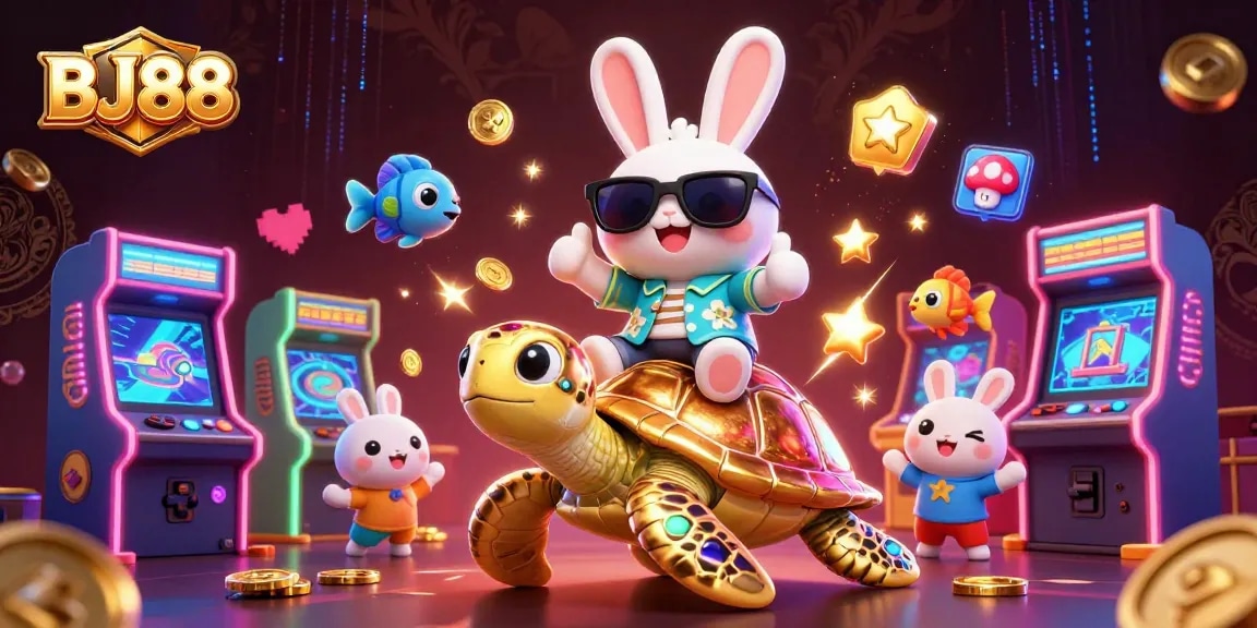 Join the fun at BJ88 with a lucky rabbit and golden turtle celebrating casino gaming!