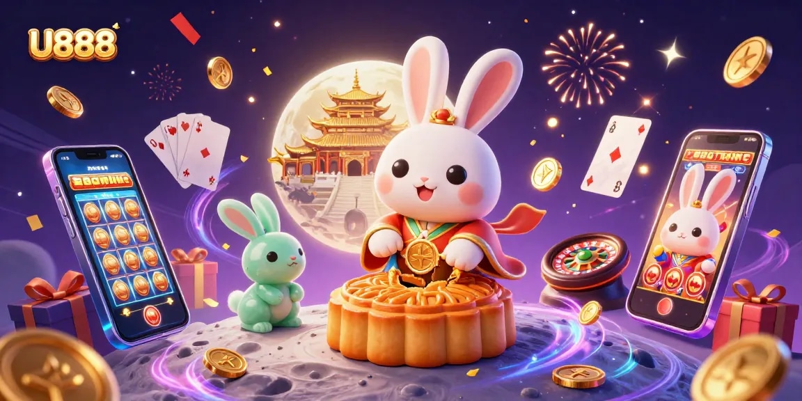 Engage with U888 in a vibrant 3D representation showcasing a cartoon moon rabbit playing casino games.