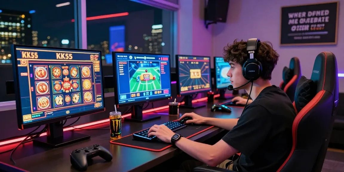 Gamer enjoying KK55 online casino experience with multiple screens in a vibrant room.