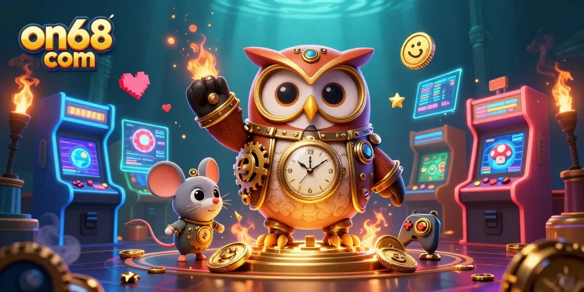 Engage with exciting casino action at on68 com with an owl and mouse in a colorful 3D illustration.
