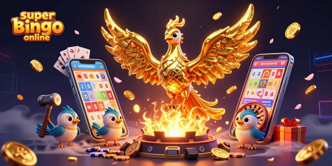 Experience super bingo online as a golden phoenix and sparrow assistants celebrate big wins with coins and prizes.