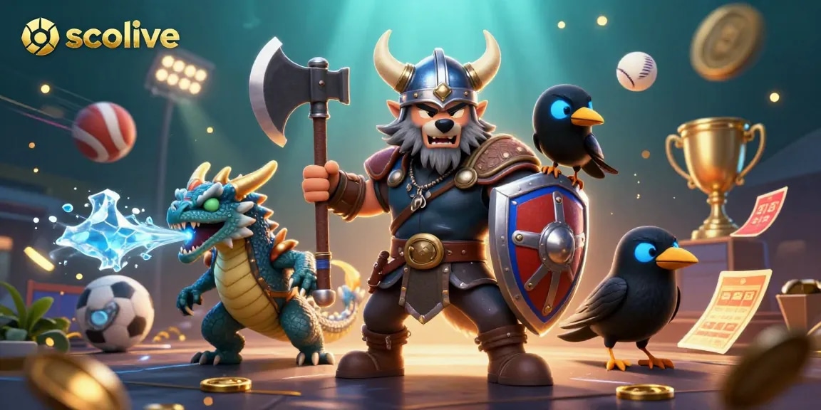 Socolive sports betting scene with cartoon Viking warrior, fierce dragon, and dynamic game elements.