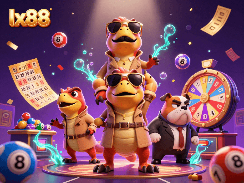 Experience lx88 thrills with raptors entering a casino lounge amidst vibrant colorful games.