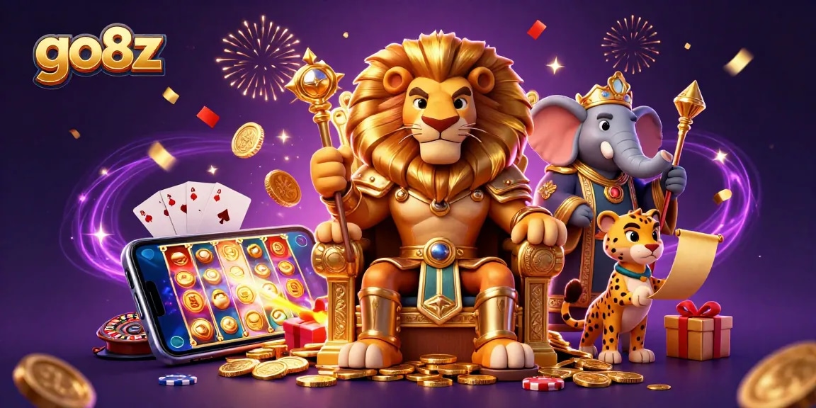 Experience the excitement of go8z with a fierce lion king, wise advisor, and swift messenger in an engaging casino scene.