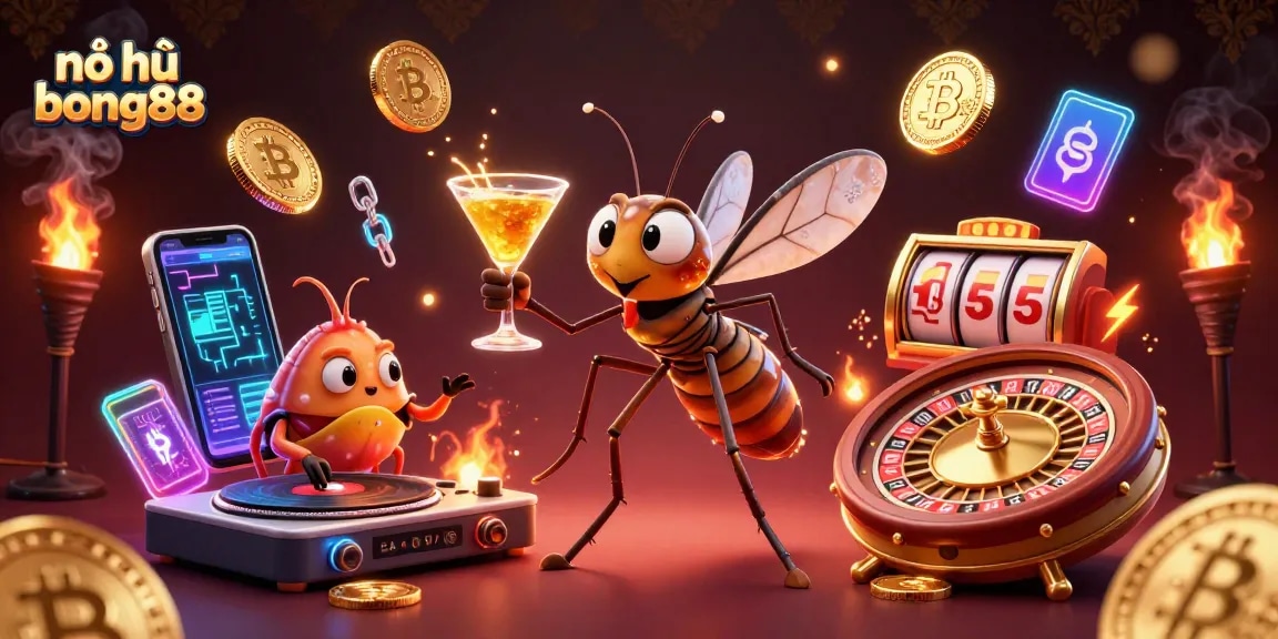 Spin the reels with nổ hũ bong88 as a vibrant casino scene features a golden roulette wheel and a lively DJ.