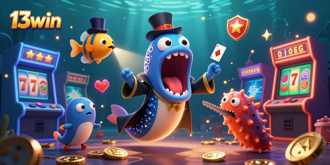 Experience the thrilling 13win casino action with vibrant characters and games in an underwater magic scene.