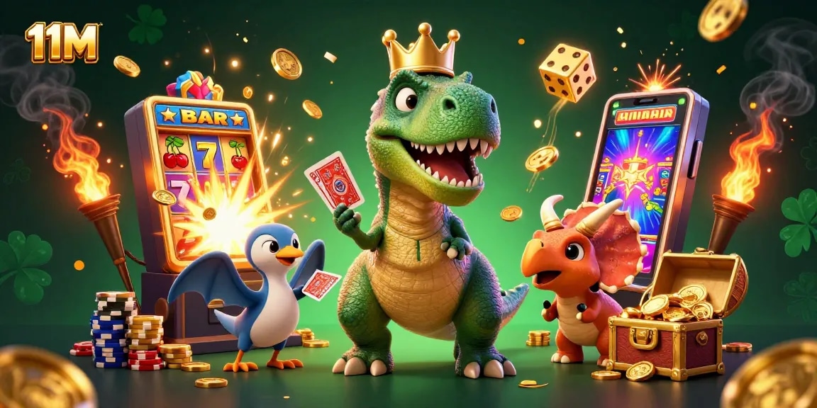 Engage with 11M's vibrant casino scene featuring T-Rex, chips, and a dynamic jackpot!