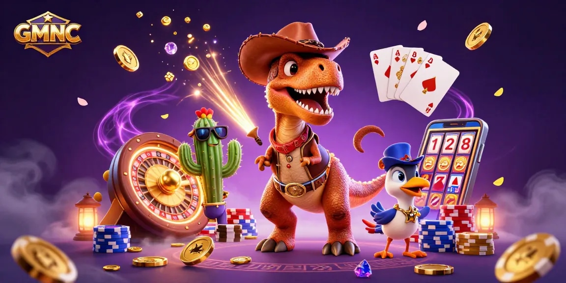 Engage with GMNC's thrilling casino experience through a dynamic scene with vibrant gaming elements.