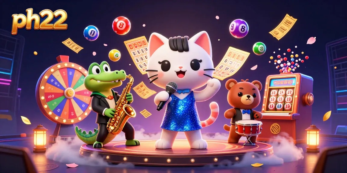 Engaging lottery gaming scene with characters promoting ph22's fun online casino experience.