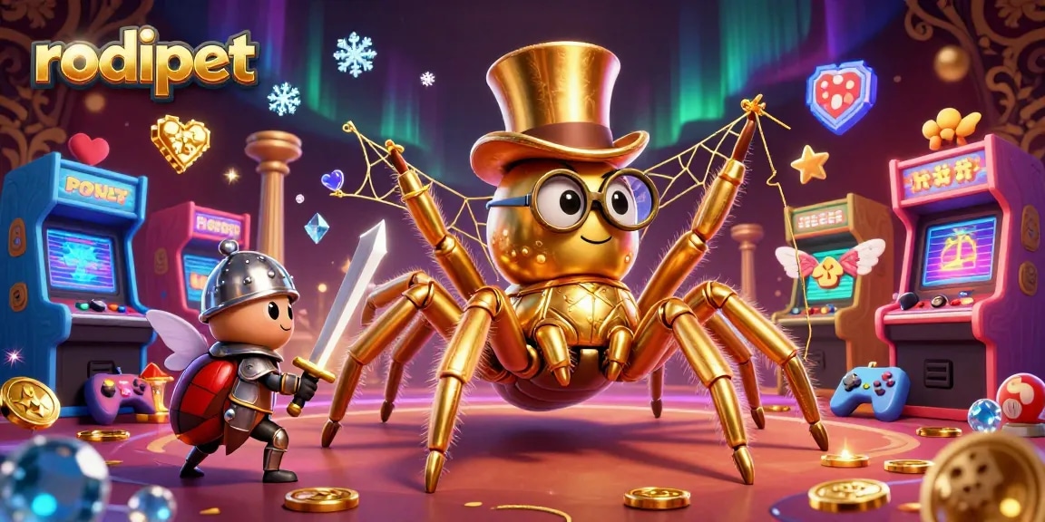 Engage with rodipet's vibrant casino universe featuring a golden tarantula and beetle knight.