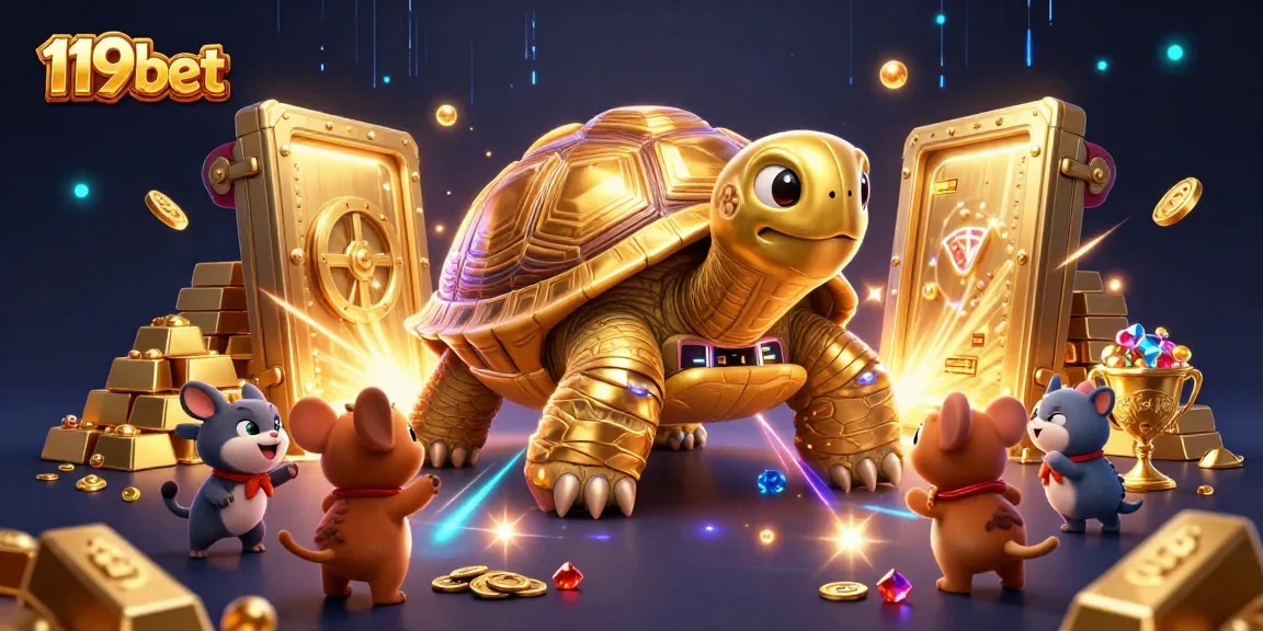 Experience the excitement at 119bet with a colossal golden tortoise pinball machine scene full of treasures!