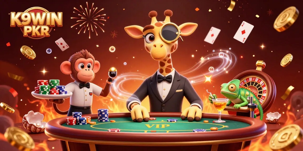 Experience the excitement of K9WIN PKR poker with a high-roller giraffe, vibrant games, and dynamic visuals.