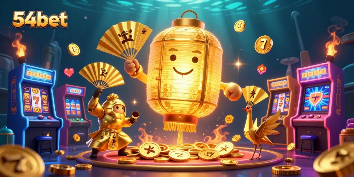 Engage with 54bet's vibrant casino scene featuring golden lanterns, slot machines, and arcade elements.