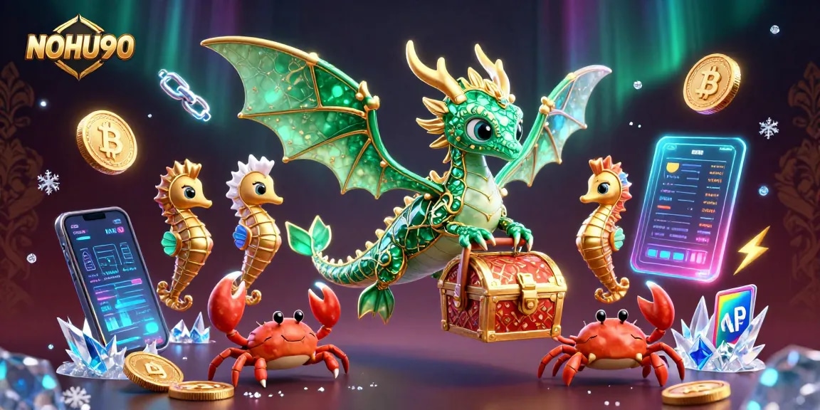 Engage with NOHU90's vibrant gaming world featuring a sea dragon and crypto themes.