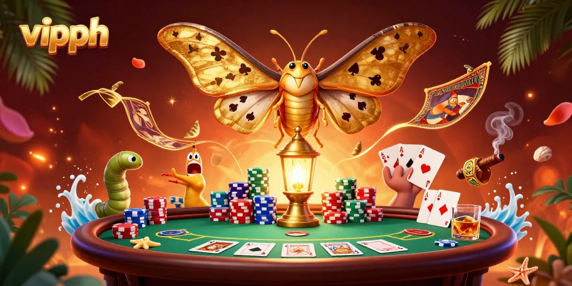 Engage with vipph's vibrant casino scene featuring a majestic moth and poker elements.