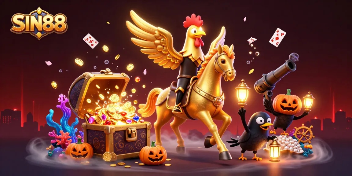 SIN88 features a golden rooster of fortune in a magical casino filled with treasures and lively characters.