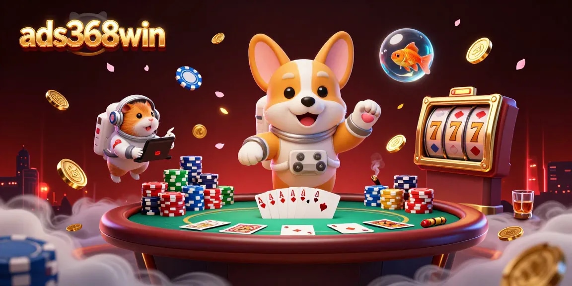 ads368win showcases an exciting space casino with a floating corgi, poker elements, and vibrant gambling symbols.